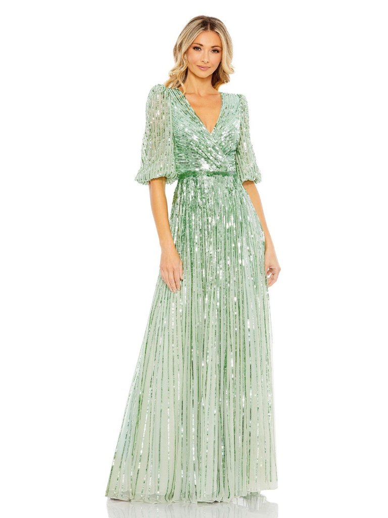 Mac Duggal Size 4 Sage Green 5509 Sequined Wrap 3/4 Sleeve Gown Dress Formal